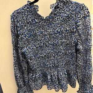 Express Blue and Black Patterned Smocked Blouse